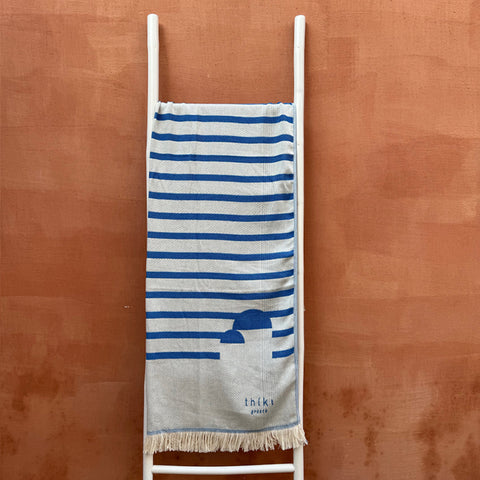 Bright Blue Cycladic lines woven towel